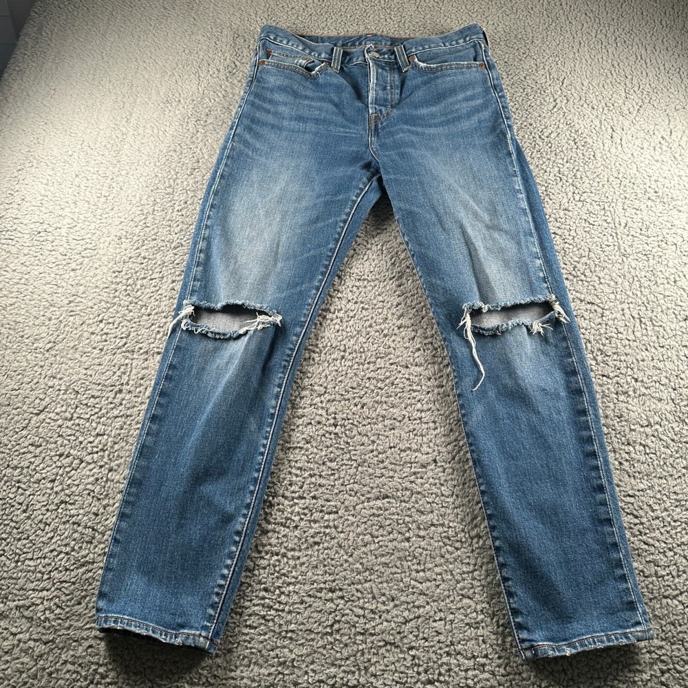 Levis Jeans Womens 27 Medium Blue Distressed Knee‎ Rips Button Fly Raw Hem